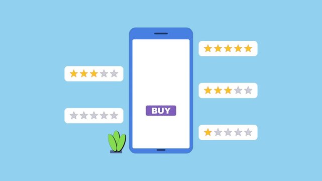 Digital Purchase with User Review: A modern smartphone interface displays a 'BUY' button alongside user-generated star ratings, symbolizing the act of making a digital purchase