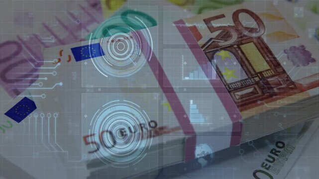 Banded stack of 50 euro banknotes undergoing HUD scan after pulse, showing pulsing charts