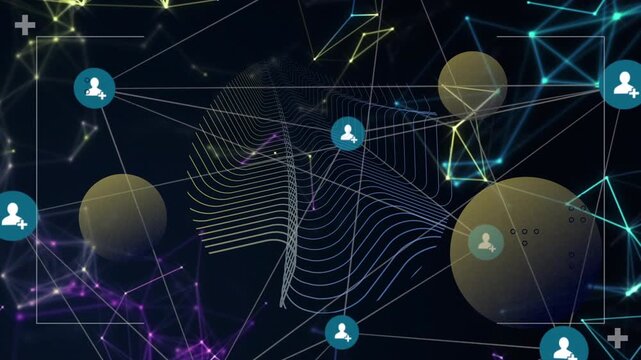 Wavy contour forming, sparking avatars shifting and golden orbs settling to show network assembly
