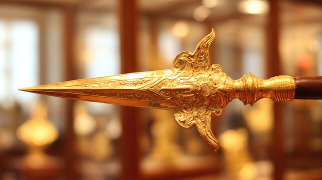 glaive. A ceremonial gilded glaive with carved shaft displayed in a museum. event programs, museum guides, designed for cultural heritage projects and event programs, preserves heritage.