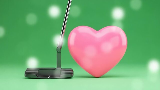 Golfing Love: A golf putter tenderly approaches a delicate pink heart, symbolizing a love for the game with the golf club aiming at the heart.
