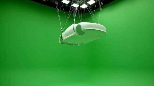 A white, unpainted vehicle body hangs suspended by numerous thin wires on a green background
