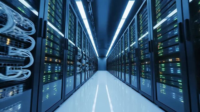 A long, descriptive title about a modern data center with rows of illuminated server racks, showcasing advanced computing infrastructure and digital information storage in a high-tech environment.