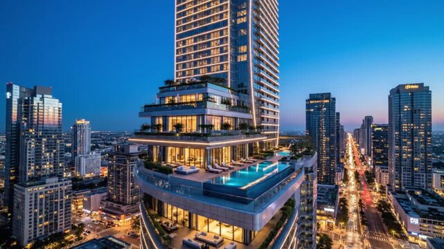Modern glass skyscraper with luxury balconies overlooking an urban city skyline at sunset