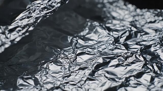 A close-up abstract view of crumpled, reflective metallic foil, with sharp creases and smooth curves