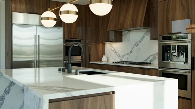 Modern luxury kitchen interior featuring a marble island, dark wood cabinetry, stainless steel appliances, and stylish pendant lights