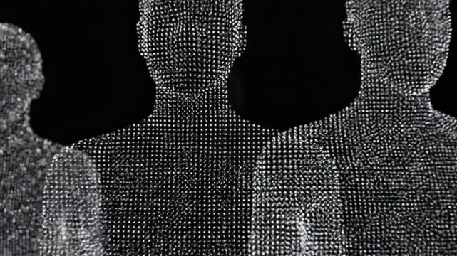 Silhouetted human figures created from many tiny, glowing spheres, set against a black backdrop