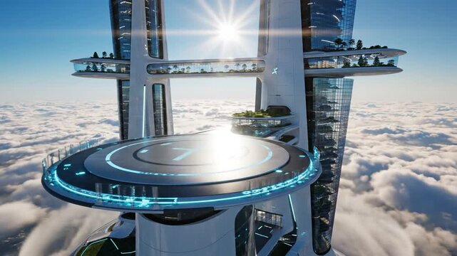 Futuristic multi-tower complex above the clouds with a helipad and connecting bridges