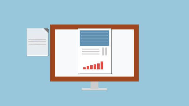 Data Analysis on the Screen: An abstract vector illustration showcases a document and chart display on computer screen representing data analysis and business statistics.
