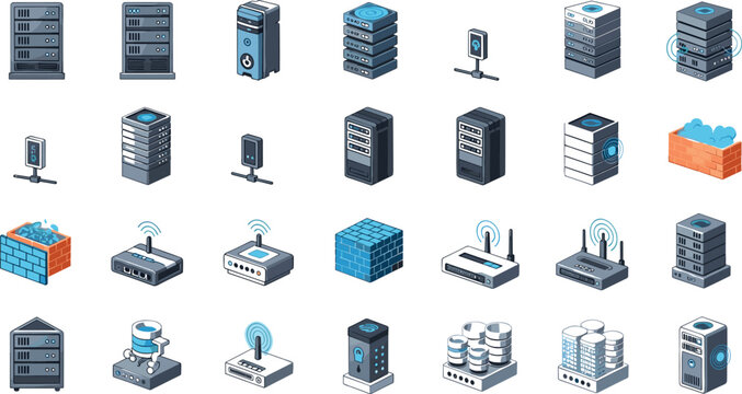 Data center and server infrastructure isometric icon set with hosting, cloud storage, network hardware and database technology vector illustration