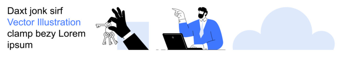 Business communication, digital security, remote work, key management, cloud storage, teamwork. Hand holding a key, person at a laptop. Digital security and business communication