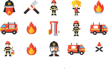 Naklejka premium Firefighter and fire emergency flat line icon set with fire truck, rescue team, flame hazard and firefighting equipment vector illustration