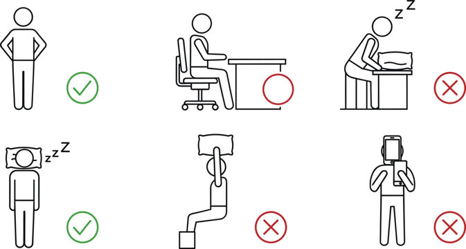 Ergonomic posture and sleep position line icon set with correct sitting, desk alignment and healthy rest habits vector illustration