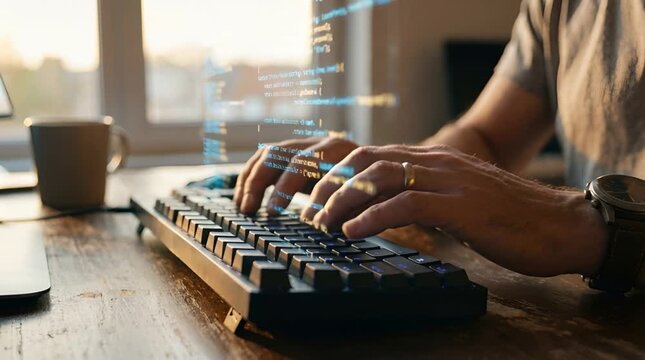 Close-Up Man Typing on Black Keyboard on Wooden Desk Against Window Light with Holographic Code Overlay Programmer in Gray T-shirt