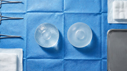 Two breast implants on a blue sterile surgical drape with medical instruments. Concept of plastic surgery and aesthetic medicine for women.