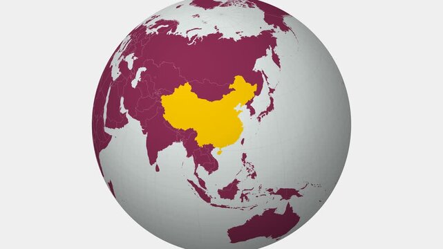 China map. Animated zoom into the country on the Globe in Pale Mint Dark Pink color palette. Country logo animation with round text and airplanes. Map with meridians, parallels. Elegant video.