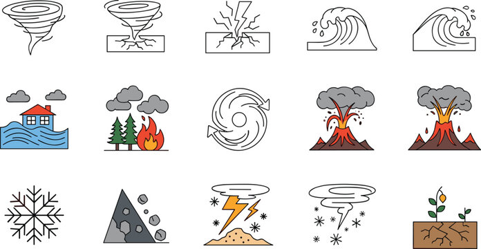 Natural disaster and extreme weather flat line icon set with tornado, earthquake, volcano and flood hazard vector illustration