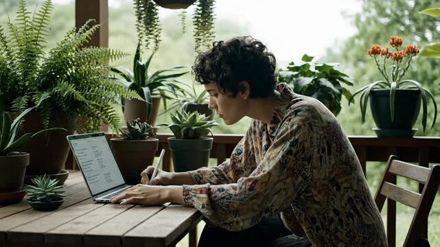 Person working on a laptop and tablet, surrounded by greenery on a wooden porch