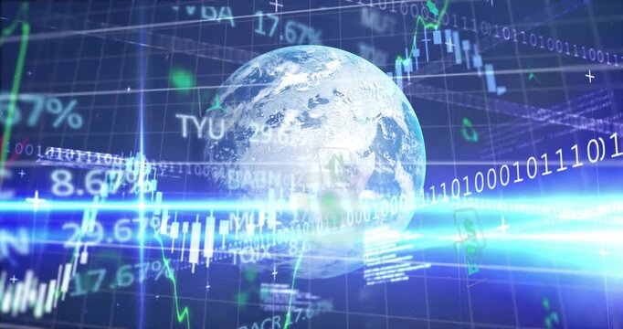 Blue lens flare sweeping triggers Earth rotating with streaming charts updating to show markets