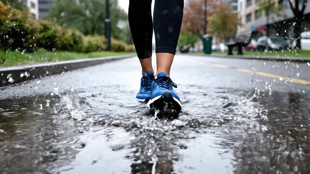 A low angle shot captures a persons legs and blue running shoes standing still in a large, clear puddle on a wet urban street, with city buildings and trees softly reflected in the calm water after a.