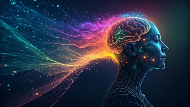 Artificial intelligence glowing brain with colorful digital neural network waves expressing creativity and futuristic human intelligence power