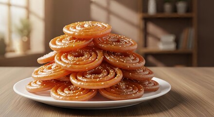 Stack of golden pancakes with syrup on wooden table near window breakfast