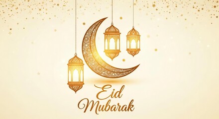 Eid Mubarak celebration with golden crescent moon lanterns glowing warmly on soft background