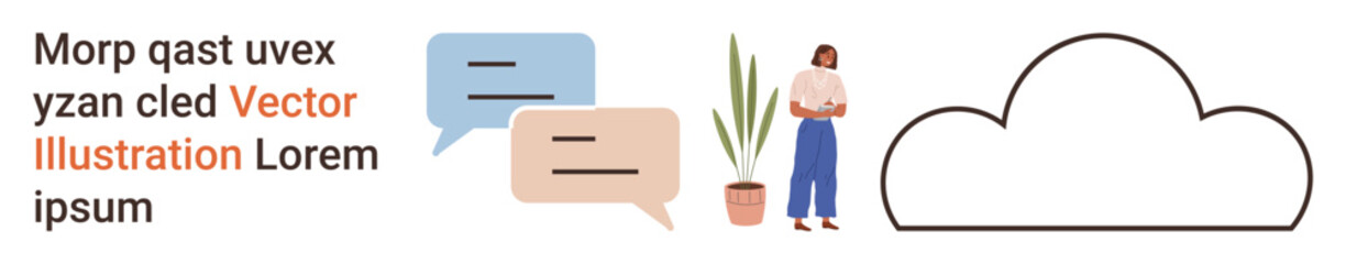Technology, communication, cloud storage, collaboration, digital interaction, and online services. A woman stands by a plant with chat bubbles and a cloud outline. Technology and communication © robu_s