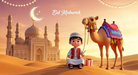 Muslim child with camel celebrating Eid Mubarak in desert mosque sunset