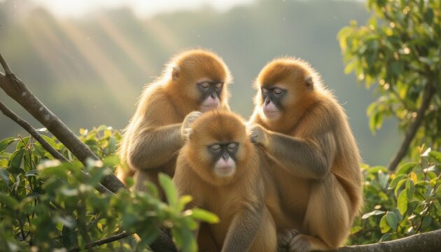 Group of Golden Snub Monkeys illuminated by sunlight in natural setting