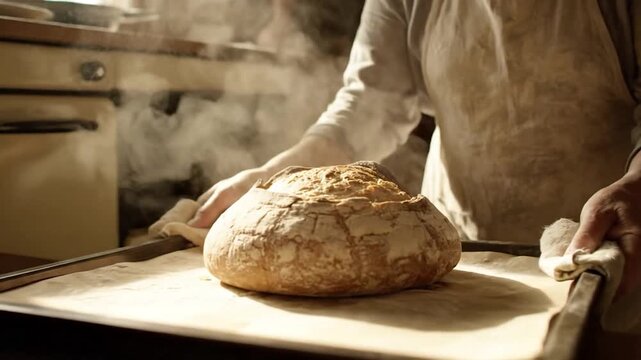 Baker takes freshly baked artisan bread out of a rustic oven.