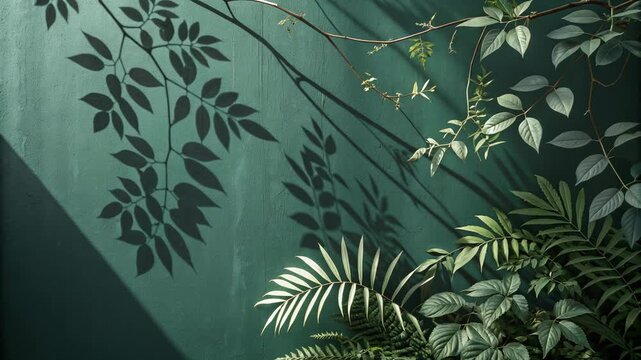 Botanical shadows cast dark green wall with plant leaves and tropical foliage, natural light creating leaf shadow and vine branch texture