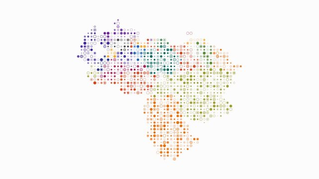 Venezuela animated country shape. Pulsating colored dots on the map of the country. Small size circle blocks. Digital style Venezuela map on white background. Vibrant animation video.