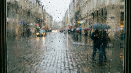 Rainy City Street Through a Wet Window