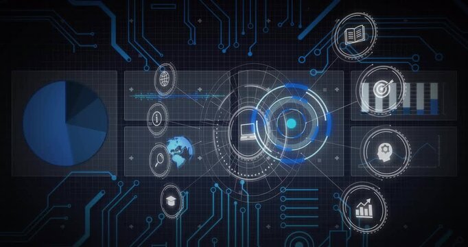 Startup pulse starting central holo HUD rotating rings pulsing pie chart slicing showing analytics