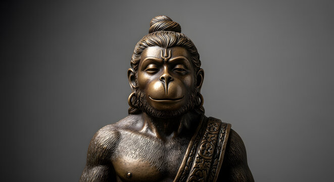Detailed bronze sculpture of Hanuman, Hindu deity, with traditio