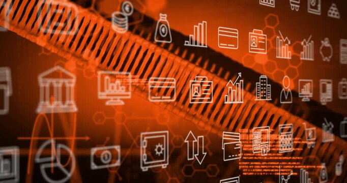Ribbon slide starting, white-line finance icons shifting, scaling, fading and visualizing data flow