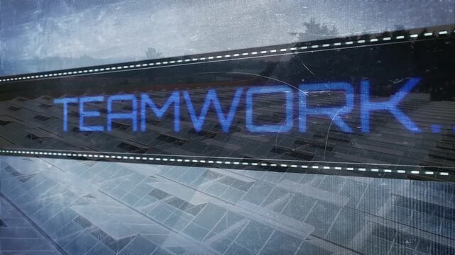 Dark ribbon appearing, blue type sliding, forming TEAMWORK, pulsing, fading, revealing title