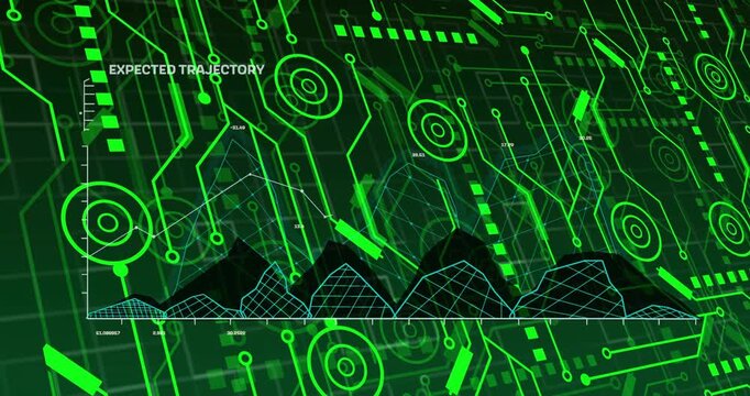 Neon HUD animating from pulsing traces, rising and trajectory plotting nodes, showing expected path