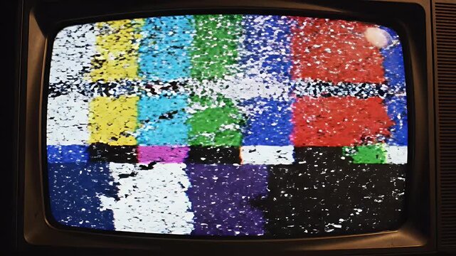 Vintage television displaying a color test pattern with horizontal static disruption