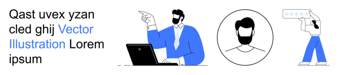 Business tools, workplace communication, modern professions, design concepts, teamwork, technical tasks. Person with a laptop, profile portrait and man holding tools. Business tools and workplace © robu_s