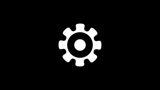 A single white gear cog with a central circle is prominently displayed against a solid black background, representing industry, mechanics, settings, and operational processes in a clear style
