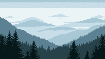 Fototapeta premium Evergreen Trees in Mountain Landscape Scene.
