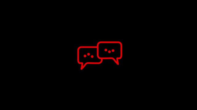 Two red outline speech bubbles overlapping slightly with three dots inside each, against a solid black background, symbolizing conversation or messaging