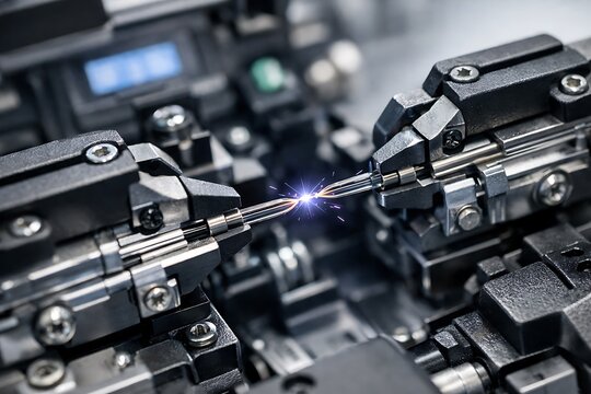 Close-up of a fiber optic fusion splicer joining two optical cables with an electric arc, highlighting precision technology in telecommunications.