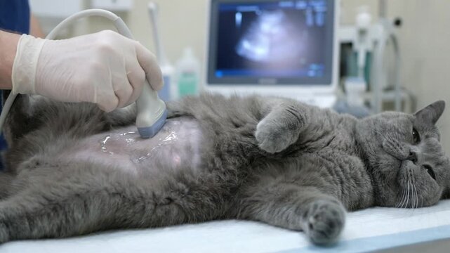 A cat is laying on a table with a doctor using a machine to look at its stomach