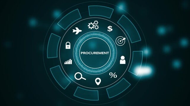 Futuristic digital interface showing the word PROCUREMENT in a glowing teal circle with surrounding for business and logistics on a dark teal bokeh background