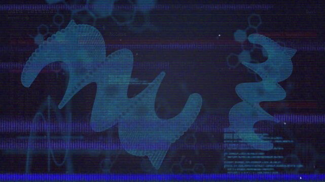 Static band appearing, biomorphic blue shapes shifting, revealing code and indicating system scan