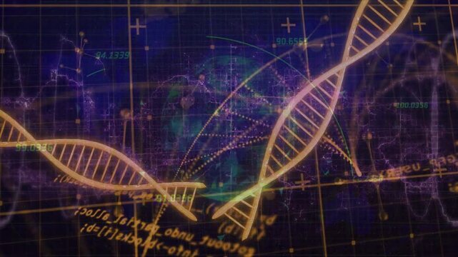 Teal glow forming behind golden DNA ribbons undulating, crossing over HUD grid, visualizing biodata