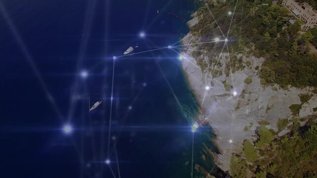 Camera moving over bay, motion starting net overlay pulsing, nodes anchoring shore, showing links
